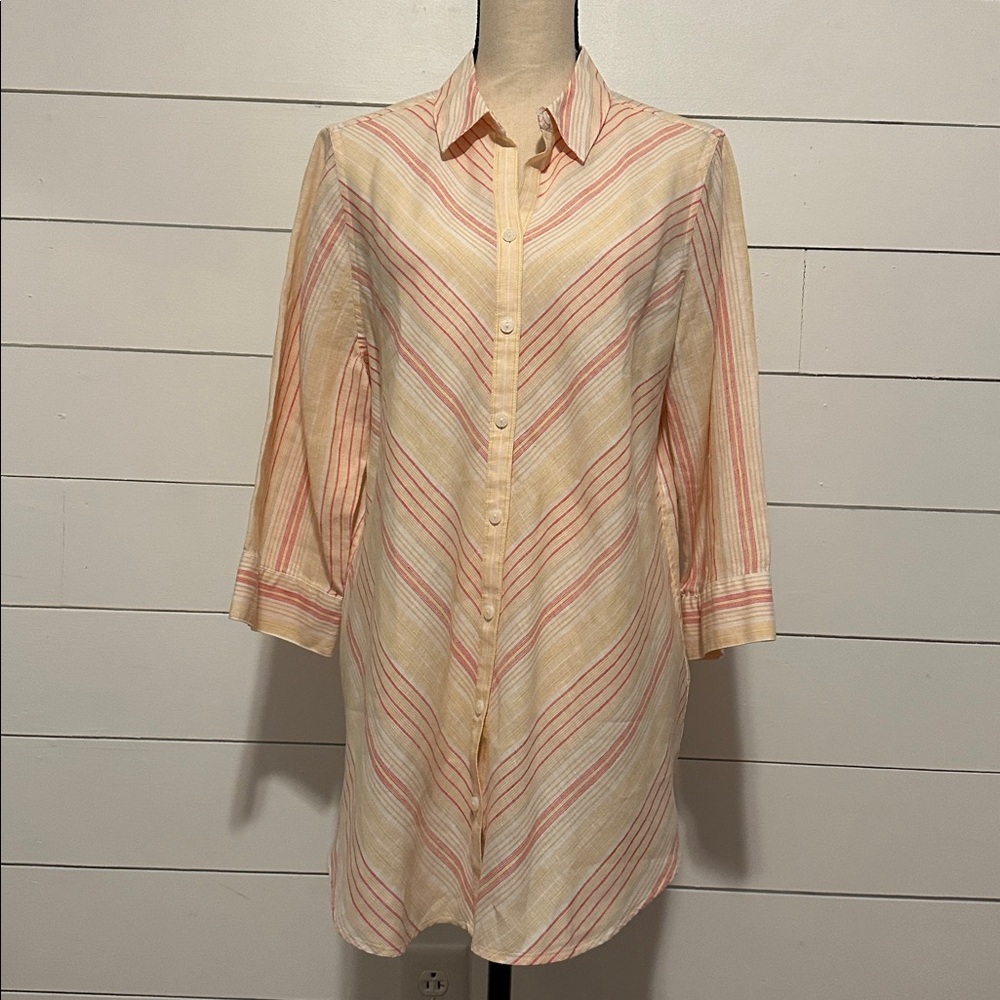 Chicos No-Iron Linen Striped Loop-Back Tunic Size 2 US L 3/4 Sleeve Multicolor
